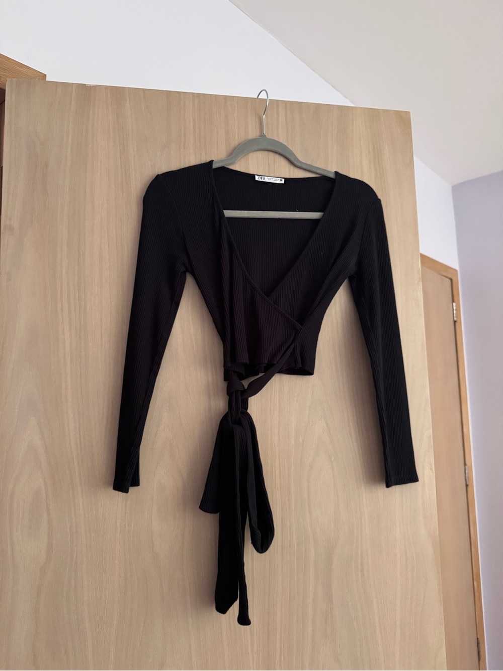 Zara Black Ribbed Wrap Crop Top with Long Sleeves